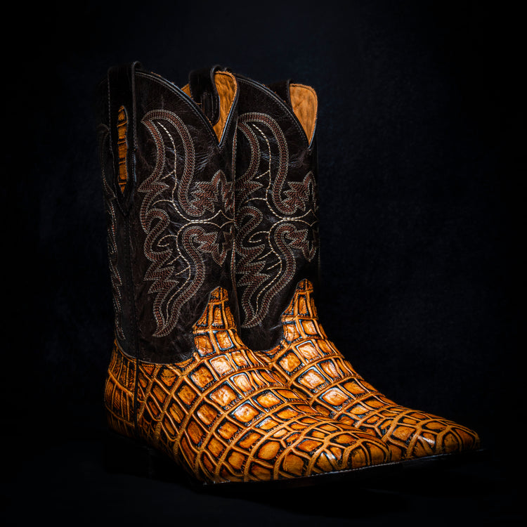 Glazed Wood-Colored Crocodile Cowboy Boot, square toe, leather sole and heel.