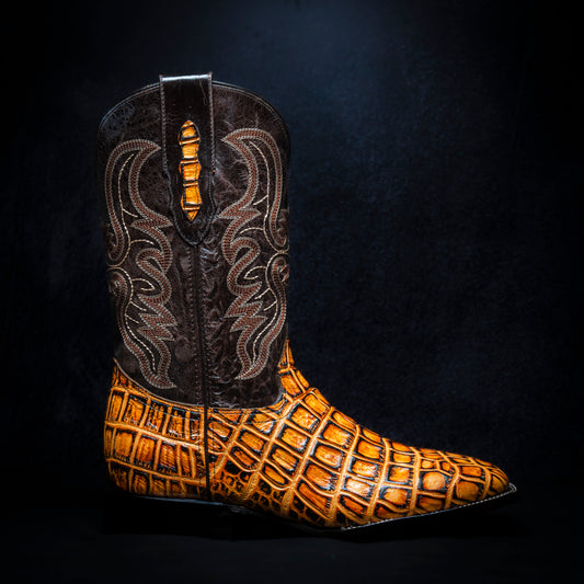 Glazed Wood-Colored Crocodile Cowboy Boot, square toe, leather sole and heel.
