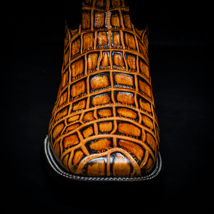 Glazed Wood-Colored Crocodile Cowboy Boot, square toe, leather sole and heel.