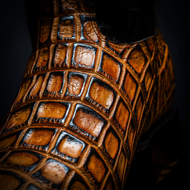 Glazed Wood-Colored Crocodile Cowboy Boot, square toe, leather sole and heel.