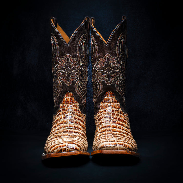 Orix Belly Cowboy Boot, square toe, leather sole and heel.