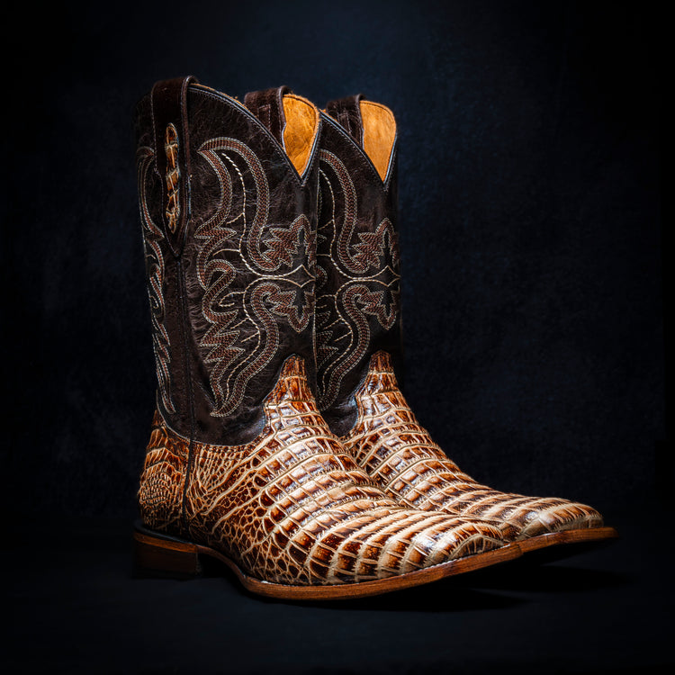 Orix Belly Cowboy Boot, square toe, leather sole and heel.