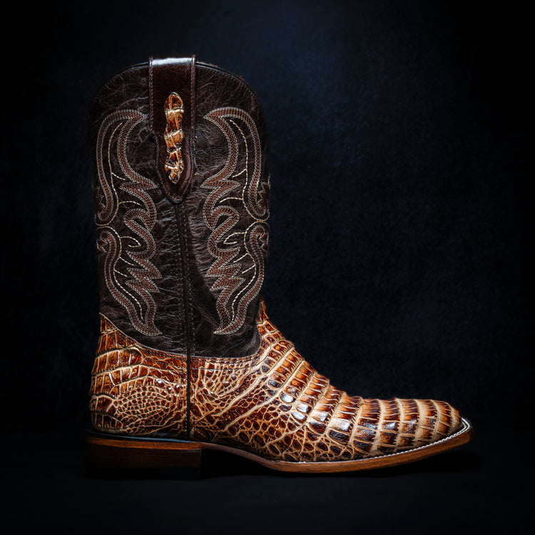 Orix Belly Cowboy Boot, square toe, leather sole and heel.
