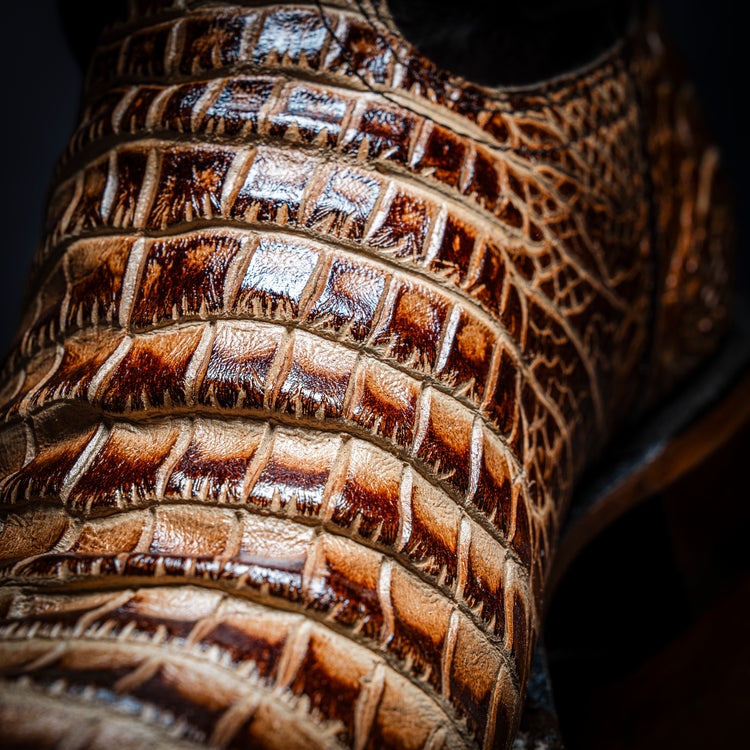 Orix Belly Cowboy Boot, square toe, leather sole and heel.