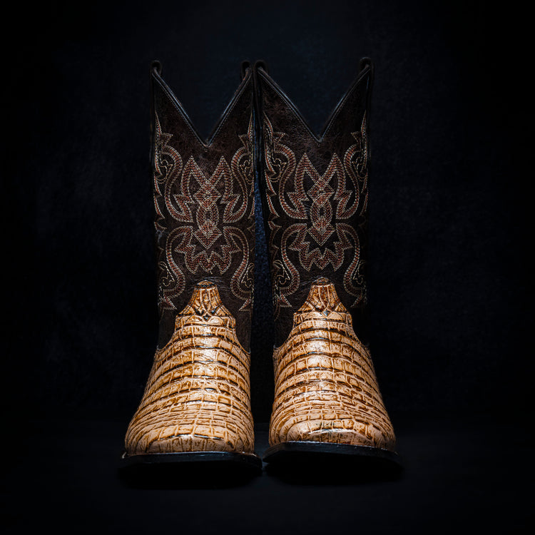 Bone Belly Cowboy Boot, square toe, leather sole and heel.