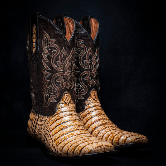 Bone Belly Cowboy Boot, square toe, leather sole and heel.
