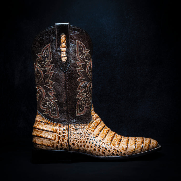 Bone Belly Cowboy Boot, square toe, leather sole and heel.
