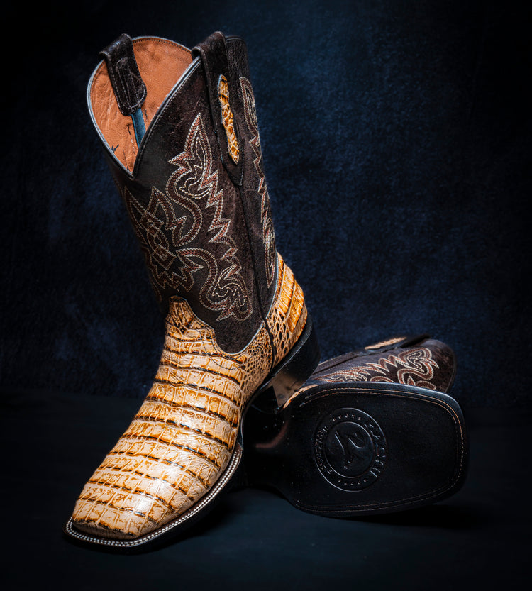 Bone Belly Cowboy Boot, square toe, leather sole and heel.