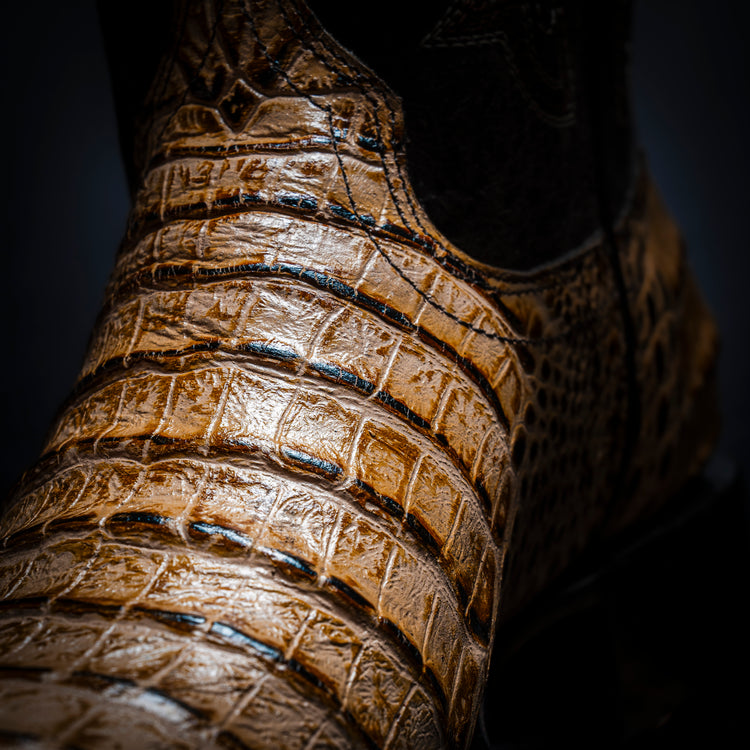 Bone Belly Cowboy Boot, square toe, leather sole and heel.