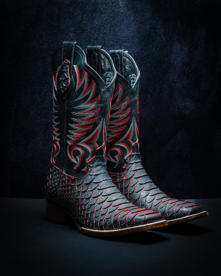 Plastisol leather boot for men, Python Plus style Bicolor black and red