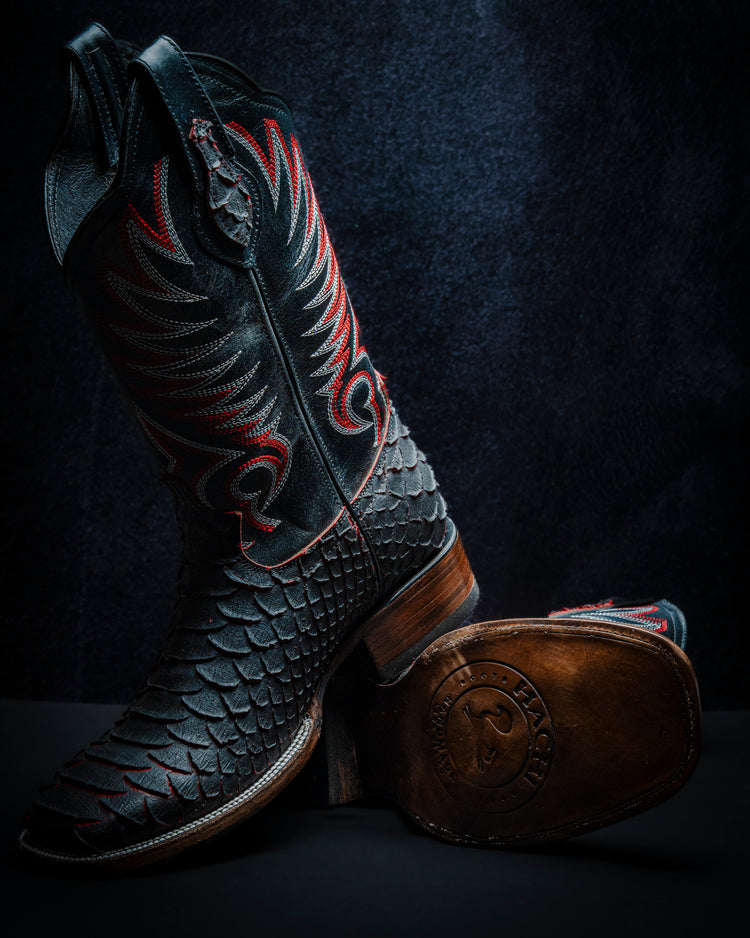 Plastisol leather boot for men, Python Plus style Bicolor black and red