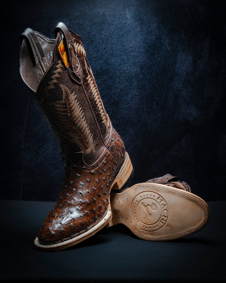 Ostrich-style plastisol leather boot for men, brown color.