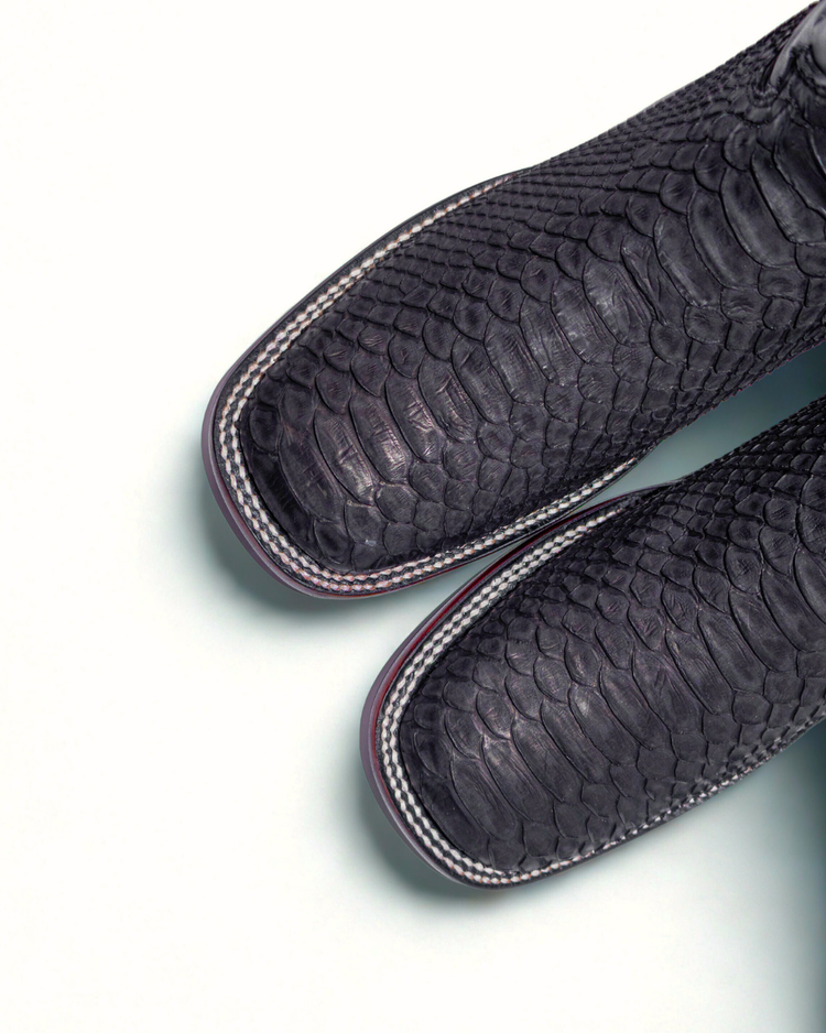 Autenthic Black Python Cowboy Boot, Square Toe, Leather Sole and Heel