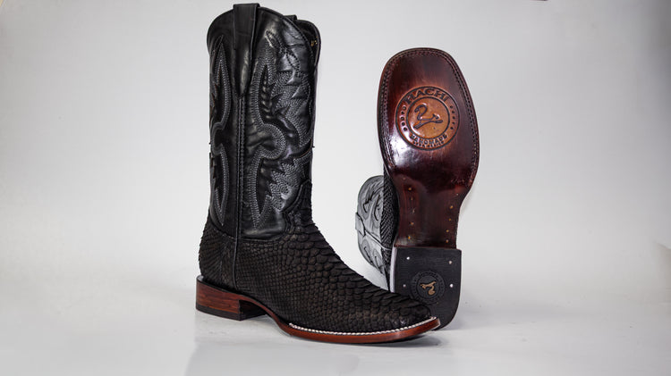 Autenthic Black Python Cowboy Boot, Square Toe, Leather Sole and Heel