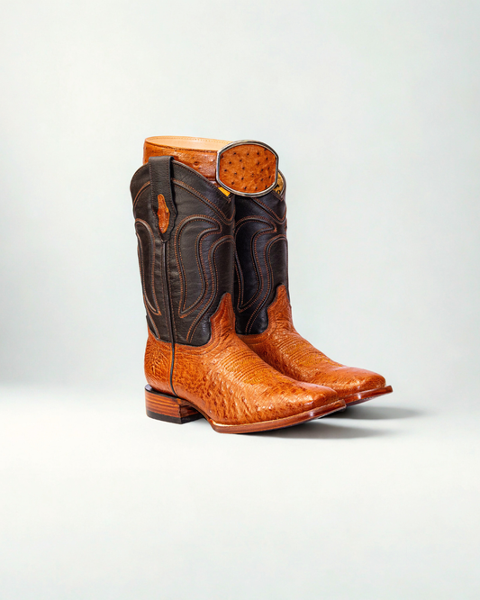 Original ostrich belly leather boot for men  light brown color, with full leather lining, square toe