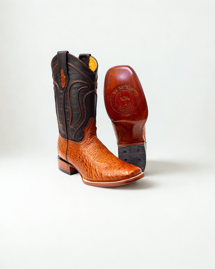 Original ostrich belly leather boot for men  light brown color, with full leather lining, square toe