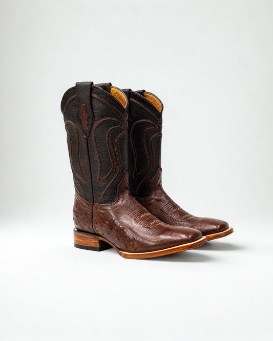 Original ostrich belly leather boot for men Brown color, with full leather lining, square toe