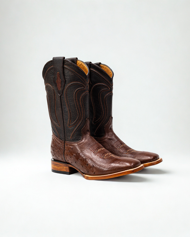 Original ostrich belly leather boot for men  Brown color, with full leather lining, square toe