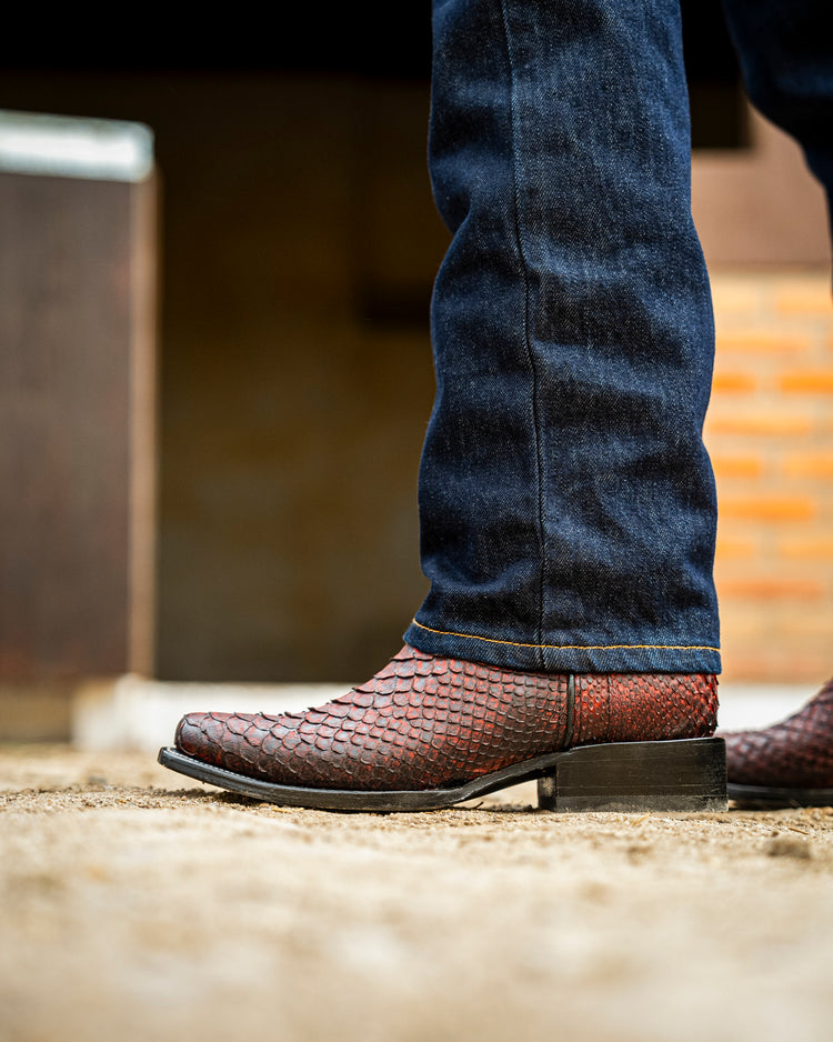 Original Blackcherry Python Cowboy Boot, Square Toe, Leather Sole and Heel