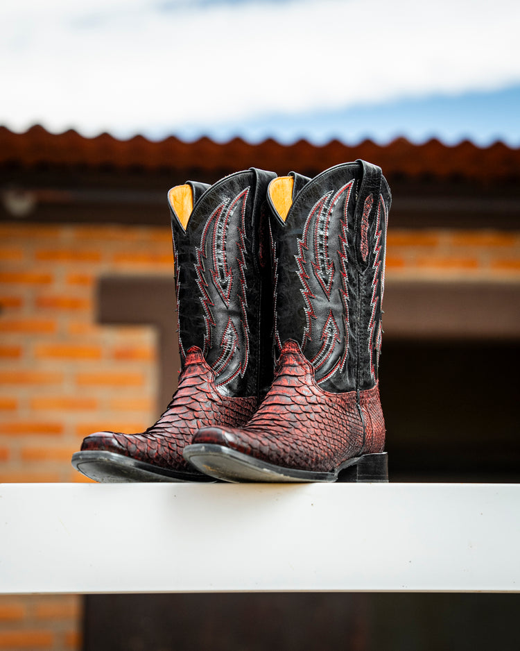 Original Blackcherry Python Cowboy Boot, Square Toe, Leather Sole and Heel