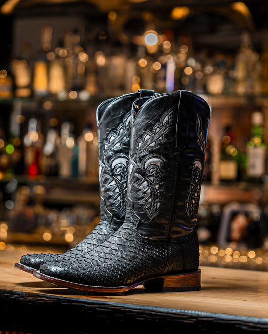 Original Black Python Cowboy Boot, Square Toe, Leather Sole and Heel