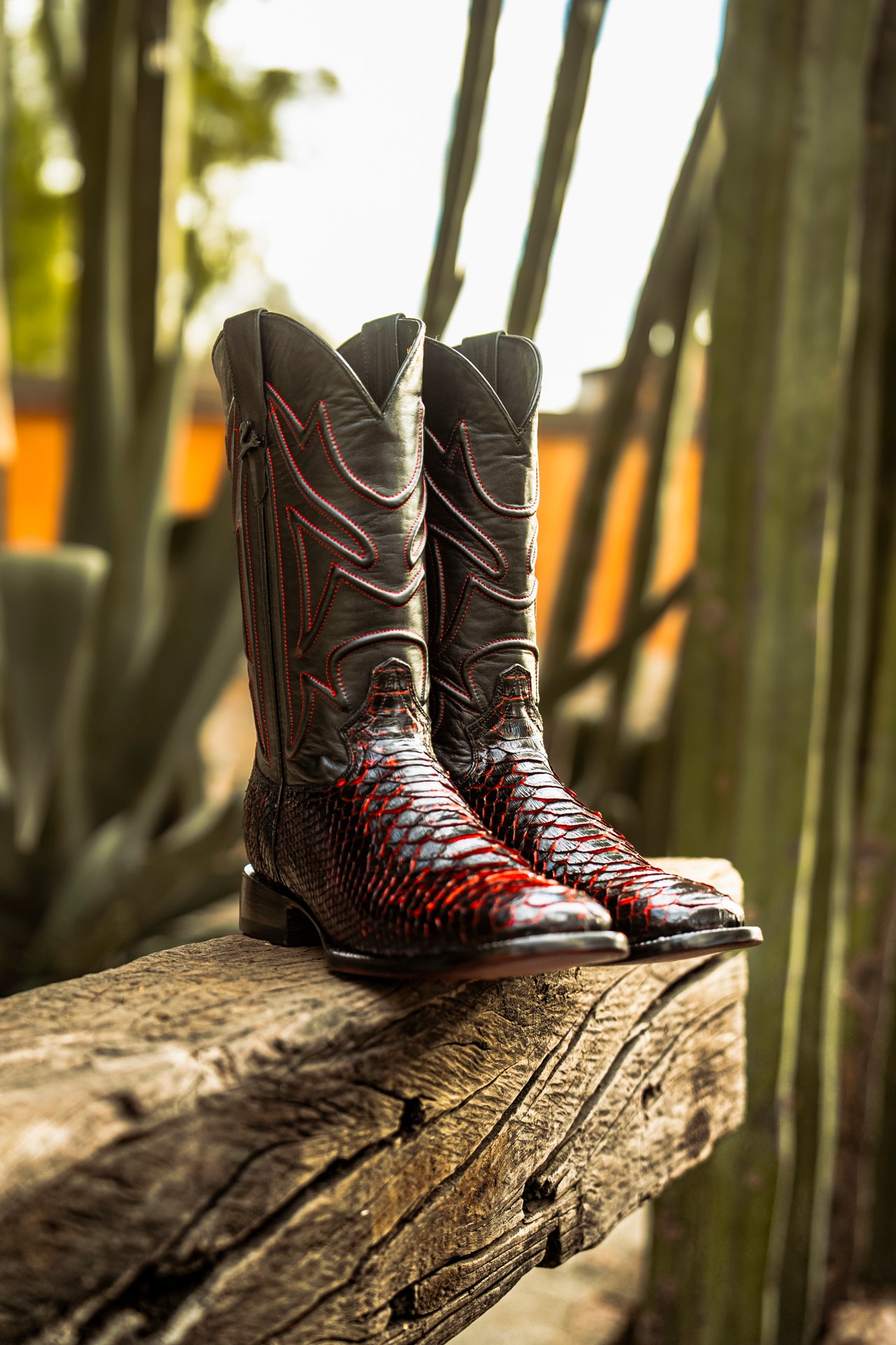 Original Bicolor Black-Red Python Cowboy Boot, Square Toe, Leather Sole and Heel