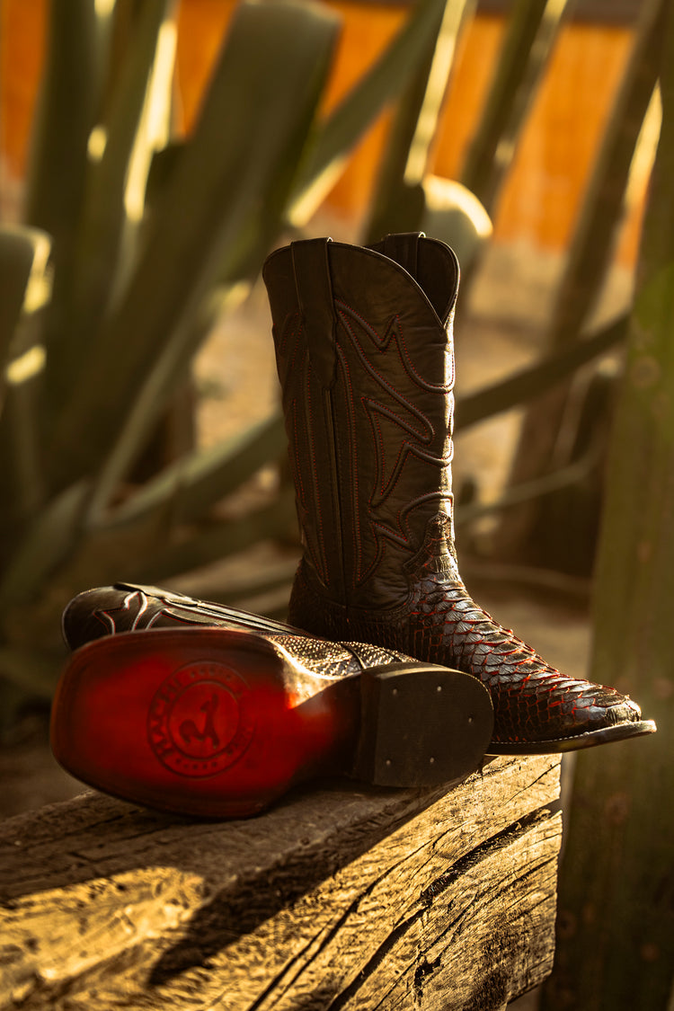 Original Bicolor Black-Red Python Cowboy Boot, Square Toe, Leather Sole and Heel