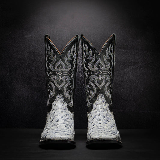 White Ostrich Cowboy Boot, square toe, leather sole and heel.