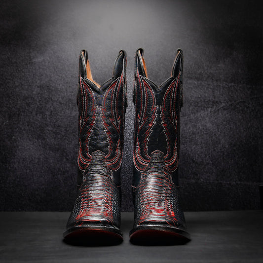 Black-Red Bicolor Python Cowboy Boot, square toe, leather sole and heel.