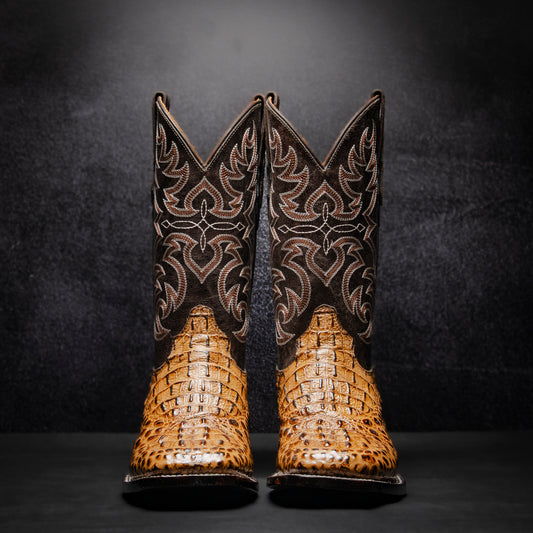 Honey Crocodile Neck Cowboy Boot, square toe, leather sole and heel.