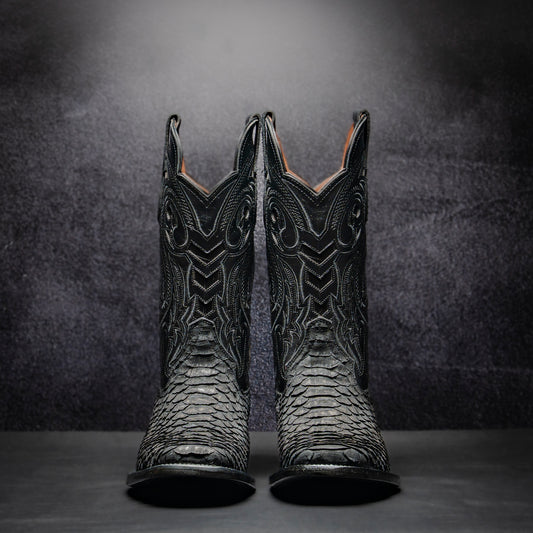 Original Black Python Cowboy Boot, square toe, leather sole and heel.