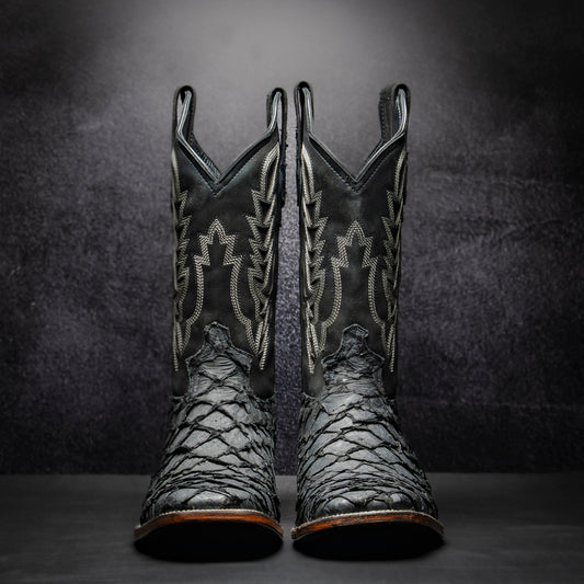 Authentic Pirarucu Fish Cowboy Boot in Black, Square Toe, Leather Sole and Heel