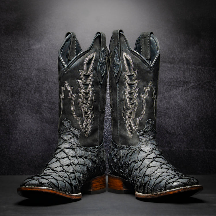 Original Black Pirarucu Cowboy Boot, square toe, leather sole and heel.