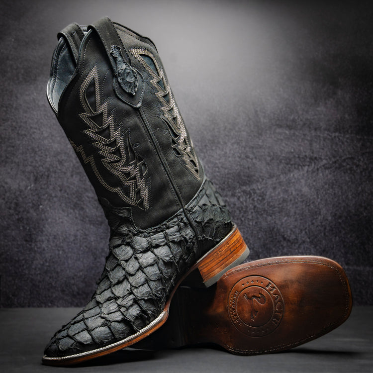 Original Black Pirarucu Cowboy Boot, square toe, leather sole and heel.