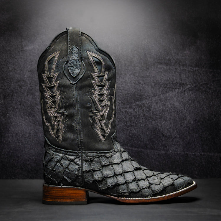 Original Black Pirarucu Cowboy Boot, square toe, leather sole and heel.