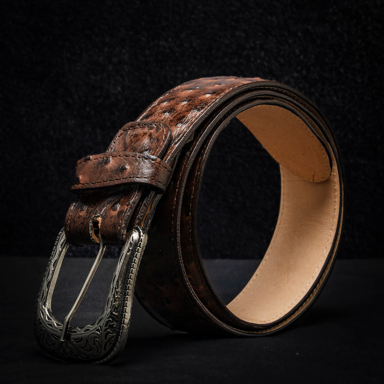 Engraved Coffee Ostrich Belt