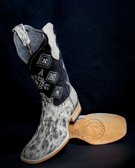 Original leather boot for men made from black and white hair-on-hide, square toe