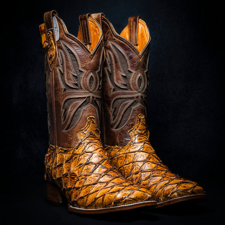 Authentic Pirarucu Fish Cowboy Boot in Wood Color, Square Toe, Leather Sole and Heel