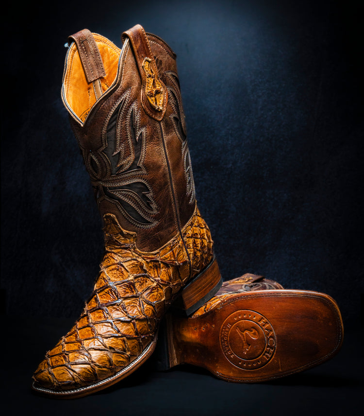 Authentic Pirarucu Fish Cowboy Boot in Wood Color, Square Toe, Leather Sole and Heel