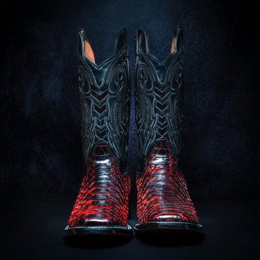 Original Two-Tone Red-Blackcherry-Black Python Cowboy Boot, Square Toe, Leather Sole and Heel