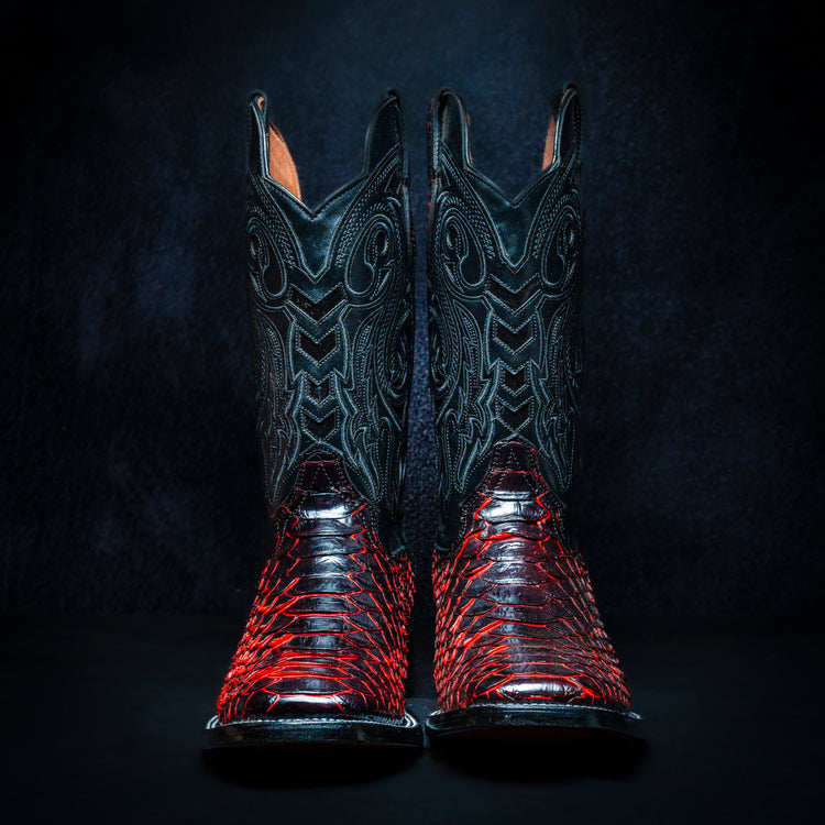 Original Two-Tone Red-Blackcherry-Black Python Cowboy Boot, Square Toe, Leather Sole and Heel