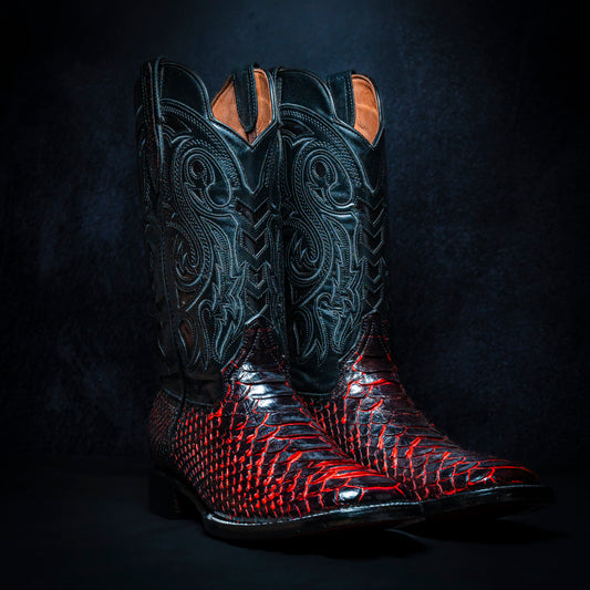 Original Two-Tone Red-Blackcherry-Black Python Cowboy Boot, Square Toe, Leather Sole and Heel