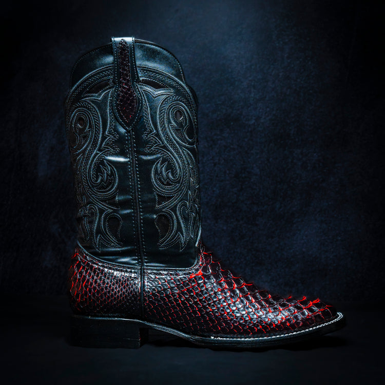 Original Two-Tone Red-Blackcherry-Black Python Cowboy Boot, Square Toe, Leather Sole and Heel