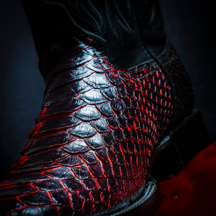 Original Two-Tone Red-Blackcherry-Black Python Cowboy Boot, Square Toe, Leather Sole and Heel