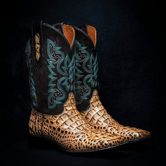 Orix Crocodile Neck Cowboy Boot, square toe, leather sole and heel.