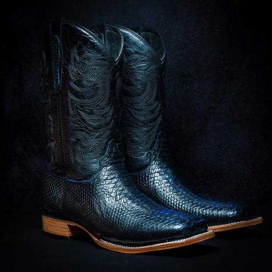 Bota vaquera estilo Python Bicolor Negro-Azul, cuadrada, suela y tacón de cuero