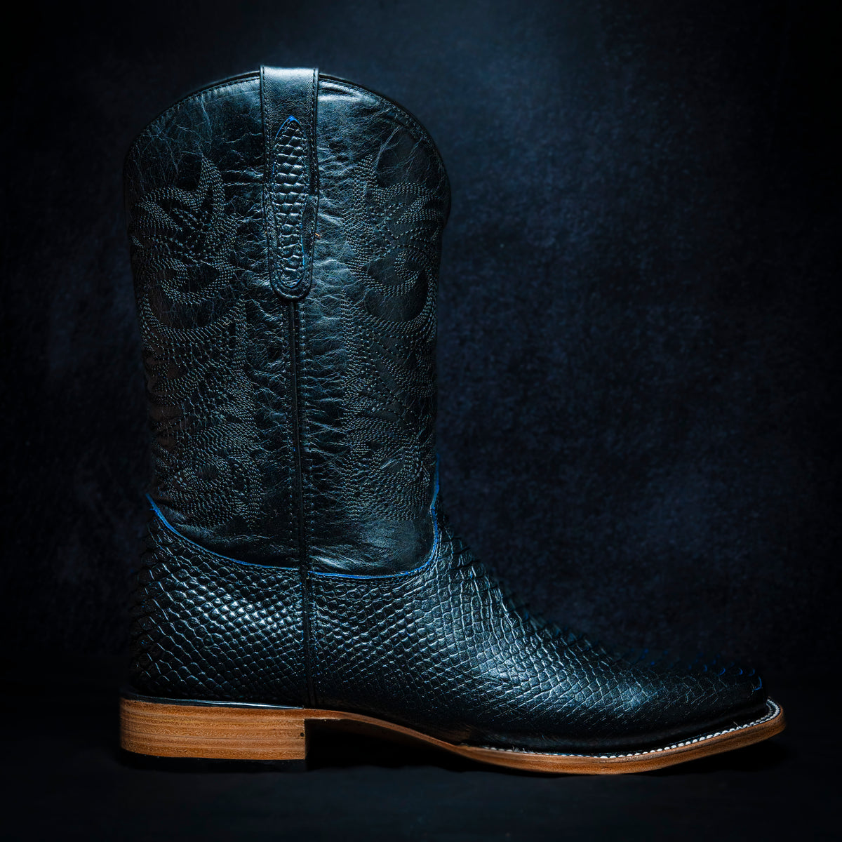 Python Skin Boots Blue Western boot in Black-Blue Bicolor Python style, square toe, leather s