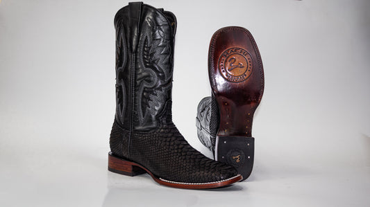Autenthic Black Python Cowboy Boot, Square Toe, Leather Sole and Heel