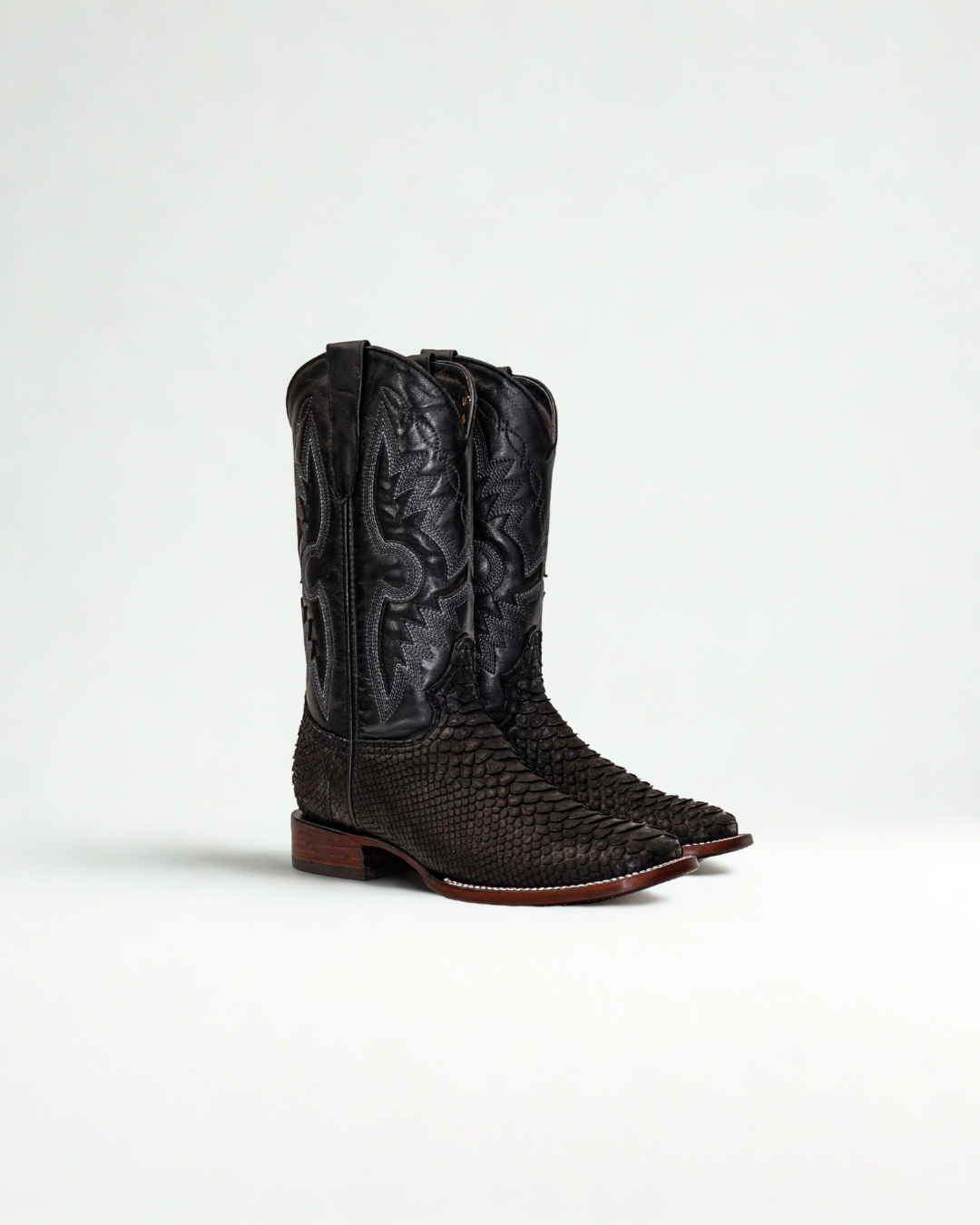 Autenthic Black Python Cowboy Boot, Square Toe, Leather Sole and Heel