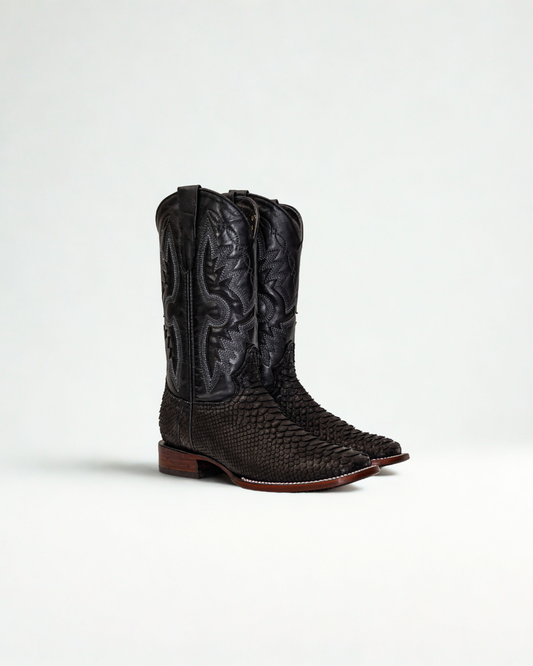 Autenthic Black Python Cowboy Boot, Square Toe, Leather Sole and Heel